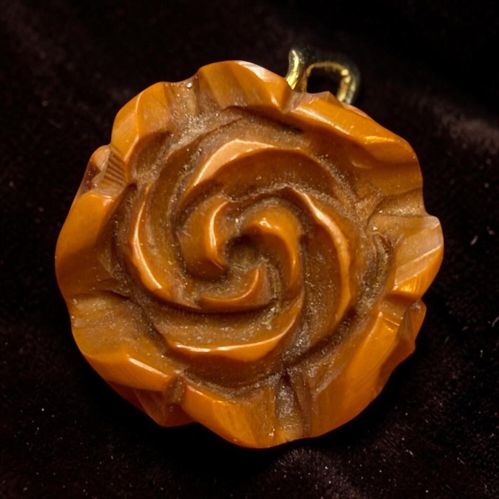 Carved Butterscotch Bakelite Rose Pendant Honey Amber Floral Charm